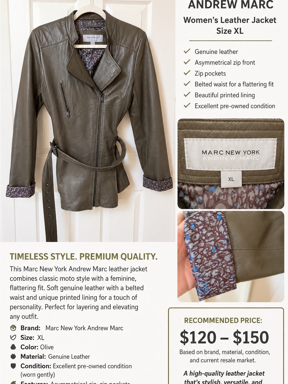 Andrew Marc Olive Green Leather Moto Jacket with Belt